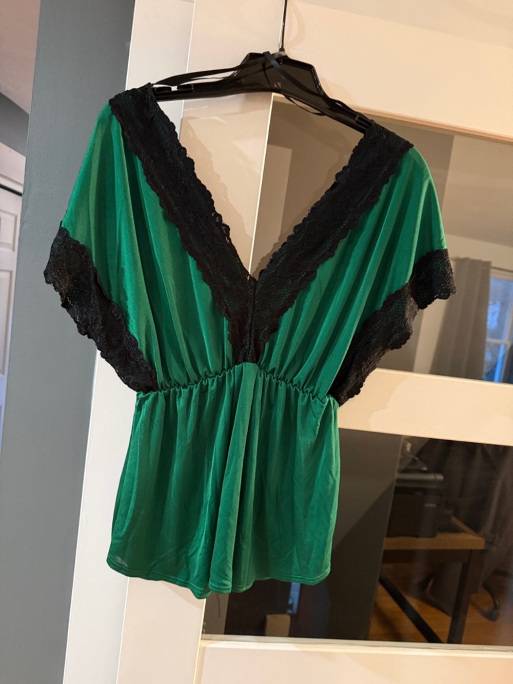 Arden B Green Blouse with Black Lace Trim